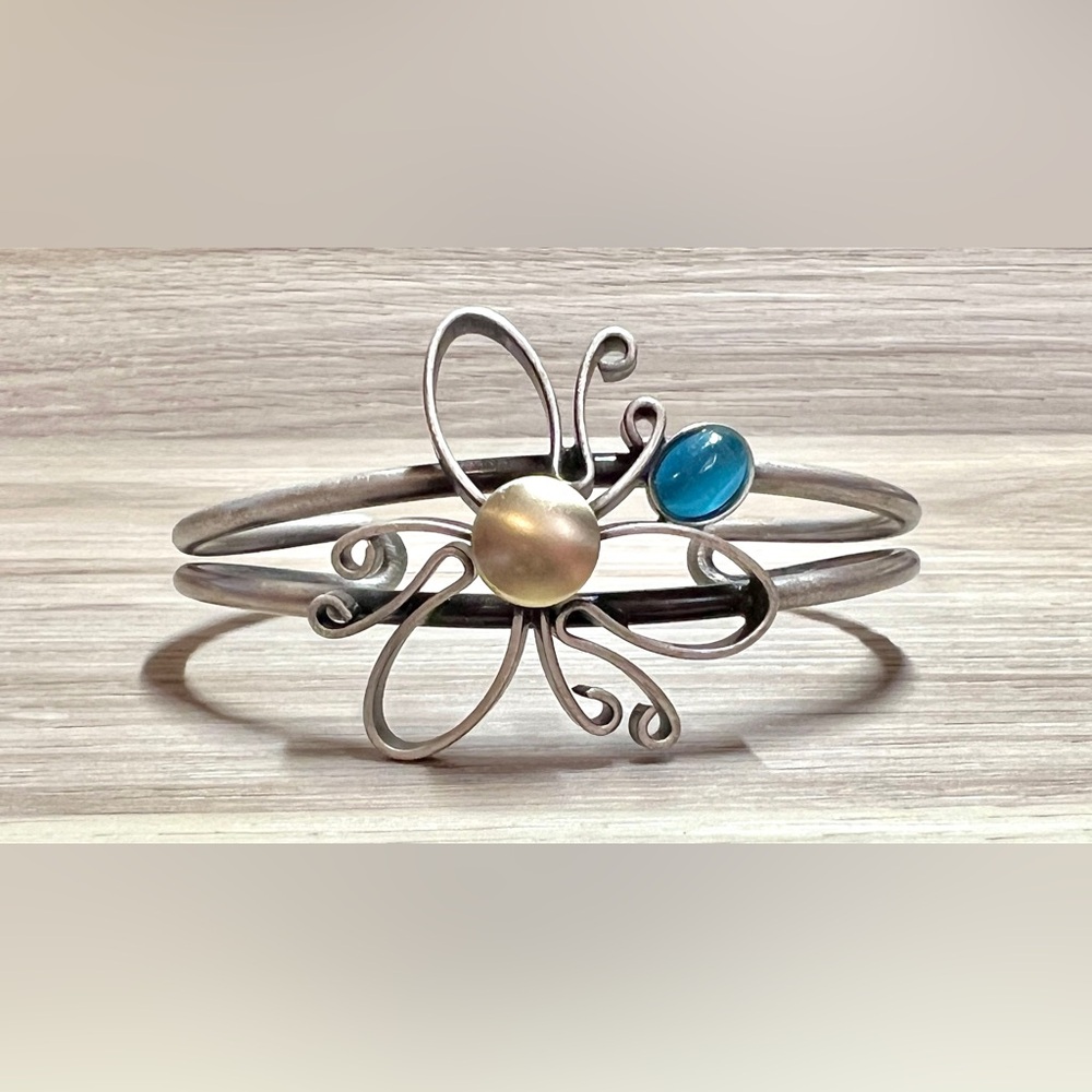 Christophe Poly Modernist Chrono Silver & Gold Tone Aqua Flower Cuff Bracelet - Picture 1 of 9